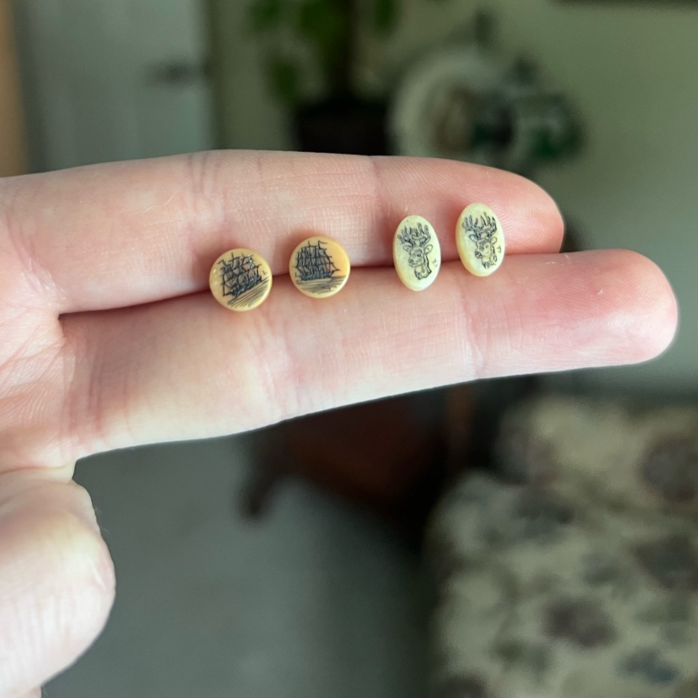 Vintage Scrimshaw Ship and Deer Stud Earrings Bundle